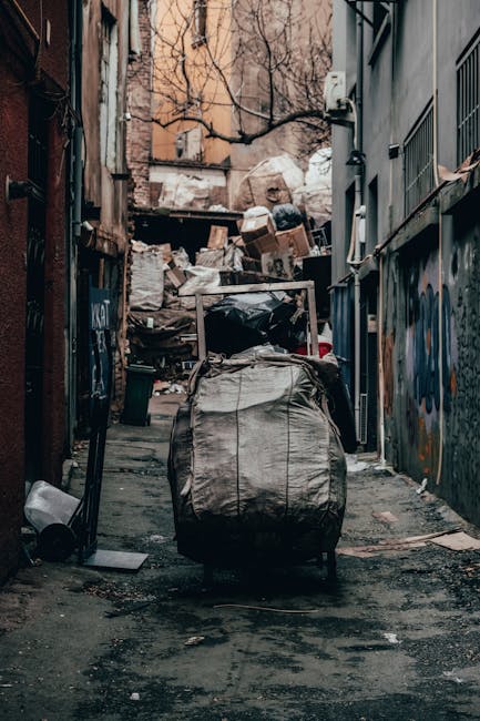 A narrow urban alleyway cluttered with an assortment of discarded rubbish and waste materials, including large black and grey trash bags, cardboard boxes, and loose debris scattered on the uneven asphalt surface. In the foreground, a prominent wheeled garbage bin with a weathered, grey fabric cover is positioned centrally, partially obstructing the view of the alley. Behind the bin, stacks of cardboard and paper waste are piled up against a makeshift barrier composed of more stacked rubbish, extending towards the back of the scene. To the right side, there is a building with a dark grey wall featuring small, barred windows and painted graffiti, while on the left, a contrasting brick wall with peeling paint and graffiti can be seen, indicating urban neglect. Bare tree branches stretch over the scene from behind the waste pile, with dull, overcast lighting casting a muted tone over the area. This visual strongly reflects an environment requiring private waste handling or rubbish removal, highlighting the importance of professional services such as those offered by Rubbish Removal Tufnell Park for efficient on-site clearance of urban waste.