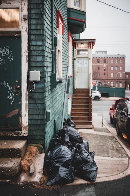 A small urban building with green wooden cladding featuring horizontal panels, situated near a street. The building has a white door accessed via a short flight of brown wooden stairs with metal railings. To the left of the stairs, there are multiple black rubbish bags piled on the pavement, indicating recent rubbish collection, possibly through a private waste removal service such as Rubbish Removal Tufnell Park. The building's exterior includes an electrical box and cable conduit mounted on the wall, with a partially visible window that has protective mesh or screen. In the background, there are parked cars along the street, and a large brick building further away, under an overcast sky, suggesting a typical city environment suitable for independent waste disposal. The scene emphasizes the practical aspects of local rubbish clearance with a focus on the waste bags placed outside the residential property, aligning with the context of external rubbish removal activities.